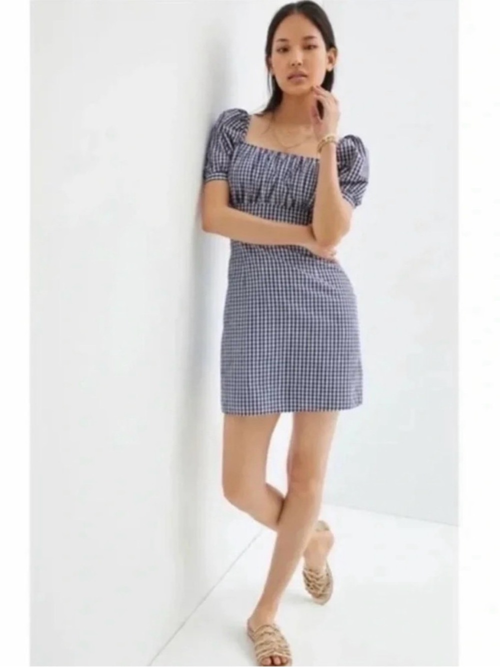 NWT Anthropologie Forever That Girl Gingham Puff-Sleeve Mini Dress